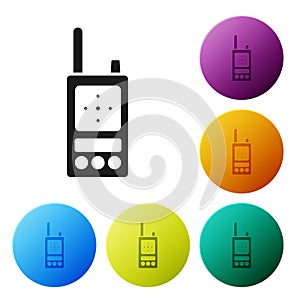 Black Walkie talkie icon isolated on white background. Portable radio transmitter icon. Radio transceiver sign. Set
