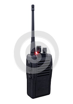 Black walkie talkie, portable radio transceiver communication isolated on white background