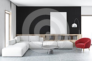 Black wall living room, white sofa, poster