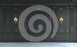 Black wall panels in classical style with gilding. 3d rendering