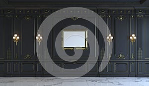 Black wall panels in classical style with gilding. 3d rendering