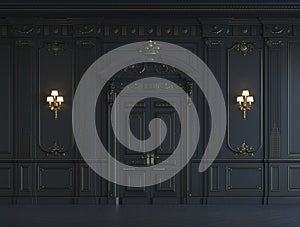 Black wall panels in classical style with gilding. 3d rendering