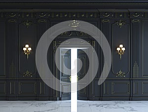 Black wall panels in classical style with gilding. 3d rendering