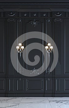 Black wall panels in classical style with silvering. 3d rendering