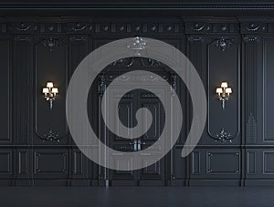 Black wall panels in classical style with silvering. 3d rendering