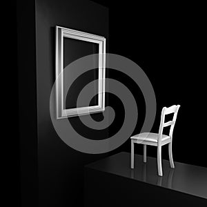 Empty chair in front of an empty picture frame
