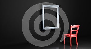 Empty red chair in front of an empty picture frame