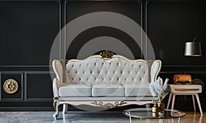 A black-walled living room with a white sofa in the middle of the room