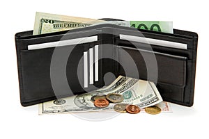 Black wallet, banknotes and coins isolated