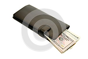 Black wallet with banknotes of US dollars inside