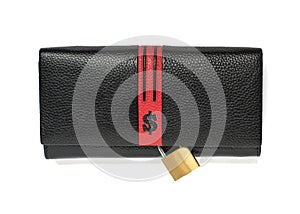 Black Wallet with dollar sign and closed padlock on white background. Concept of saving