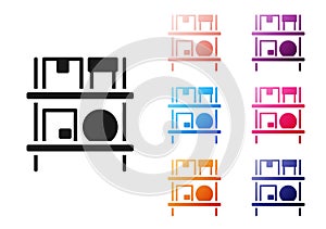 Black Warehouse interior with boxes on racks icon isolated on white background. Logistics, cargo, parcel storage postal