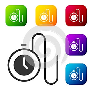 Black Watch with a chain icon isolated on white background. Set icons in color square buttons. Vector