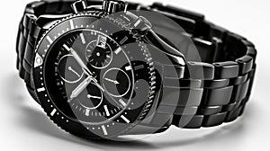 A black watch on a white surface, AI