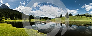 Black water mountain lake panorama with green fields and forest landscape in Switzerland