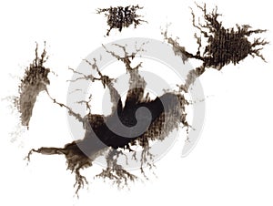 Black watercolor ink blots, Tree with roots