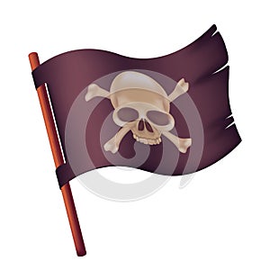 Black waving flag with image of human skull and crossed bones. Vector illustration of torn pirate banner on a wooden stick