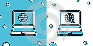 Black Website on laptop screen icon isolated on blue and white background. Laptop with globe and cursor. World wide web