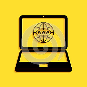 Black Website on laptop screen icon isolated on yellow background. Globe on screen of laptop symbol. World wide web