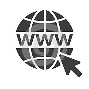 Black Website www Icon with wireframe globe on white background