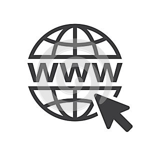Black Website www Icon with wireframe globe on white background