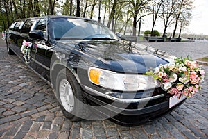 Black Wedding Limousine. Ornated with flowers