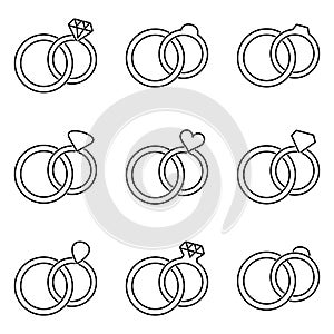 Black wedding rings icons collection