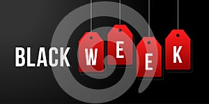 Black week vector illustration. Black week sale white tags advertising on black background vector illustration photo