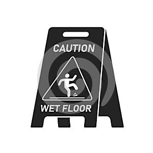 Black wet floor caution sign isolated on white background, Public warning symbol clipart. Slippery surface beware