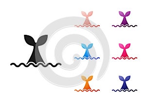 Black Whale tail in ocean wave icon isolated on white background. Set icons colorful. Vector