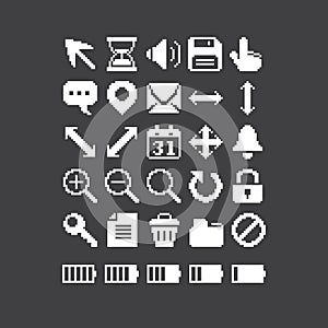 black and white 1bit pixel art minimalistic set of PC toolbar interface icons