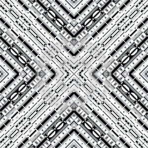 Black and white 3d vector seamless pattern. Geometric surface striped background. Repeat decorative silver backdrop. Geometry