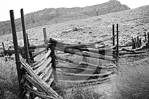 Black and white abandoned corral photo