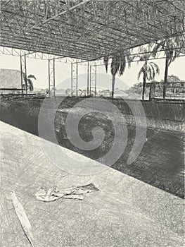 Black and white of abandoned pool in village