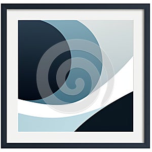 a black and white abstract art print with blue and white waves