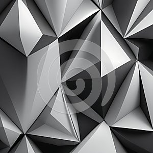 Black white abstract background. Geometric shape. Lines, triangles. 3d effect. Light, glow, shadow. Gradient.