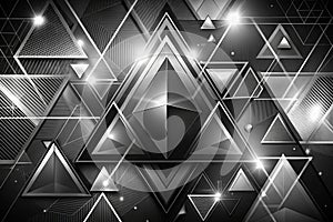 Black white abstract background. Geometric shape. Lines, triangles. 3d effect. Light, glow, shadow. Gradient. Dark grey, silver.