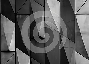 Black and white abstract background with geometric shapes of metal wall panels. Modern architecture concept. Black, gray