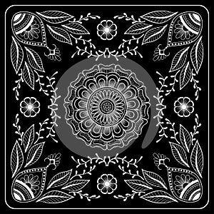 Black and white abstract bandana print with  element henna style. Square pattern design for pillow, carpet, rug.