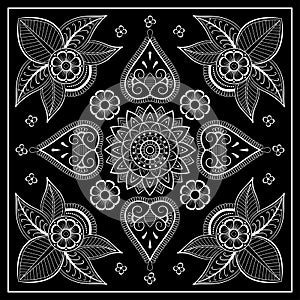 Black and white abstract bandana print with  element henna style. Square pattern design for pillow, carpet, rug.