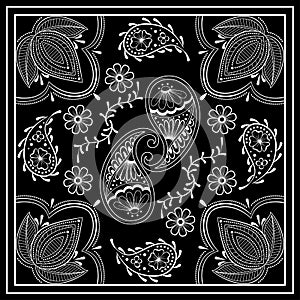Black and white abstract bandana print with  element henna style. Square pattern design for pillow, carpet, rug.