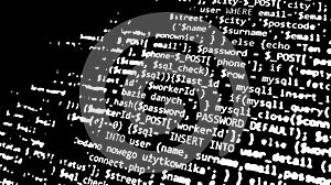 Black white abstract computer code. White programming code on black background.