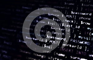 Black white abstract computer code. White programming code on black background.