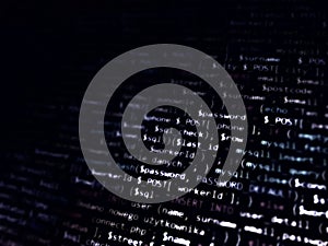 Black white abstract computer code. White programming code on black background.