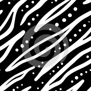Black and white abstract diagonal texture with wavy stripes and dots