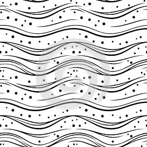 Black and white abstract pattern featuring undulating wavy lines and scattered dots.