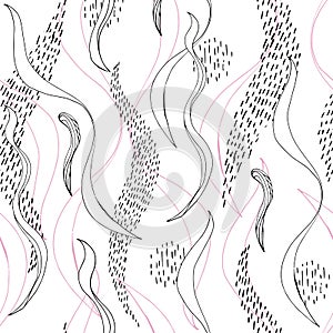 Black and white abstract seamless pattern. Vector ink drawn wavy lines and dots for fabric and paper