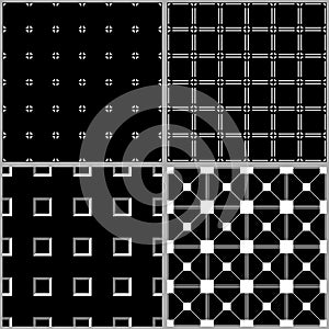 Black and white abstract simple checker striped geometric seamless patterns set, vector