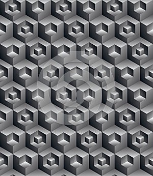 Black and white abstract textured geometric seamless pattern. Vector contrast textile backdrop with three-dimensional cubes and s
