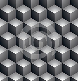 Black and white abstract textured geometric seamless pattern. Vector contrast textile backdrop with three-dimensional cubes and s